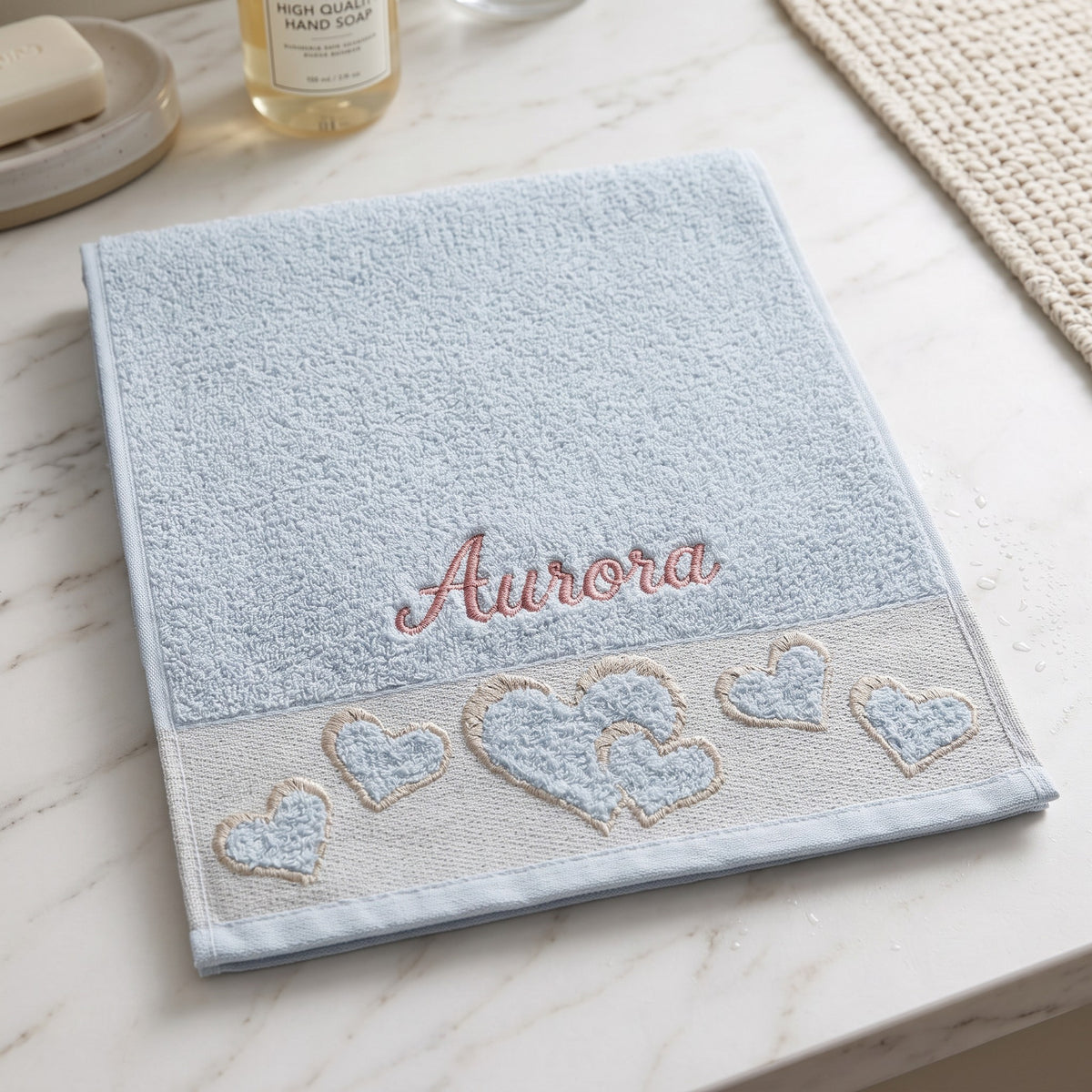 Aurora personalized heart hand towel, rose pink script embroidery on baby blue cotton — photo 4