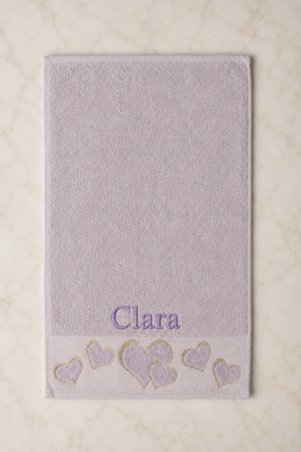 Clara personalized heart hand towel, lavender serif embroidery on mauve cotton