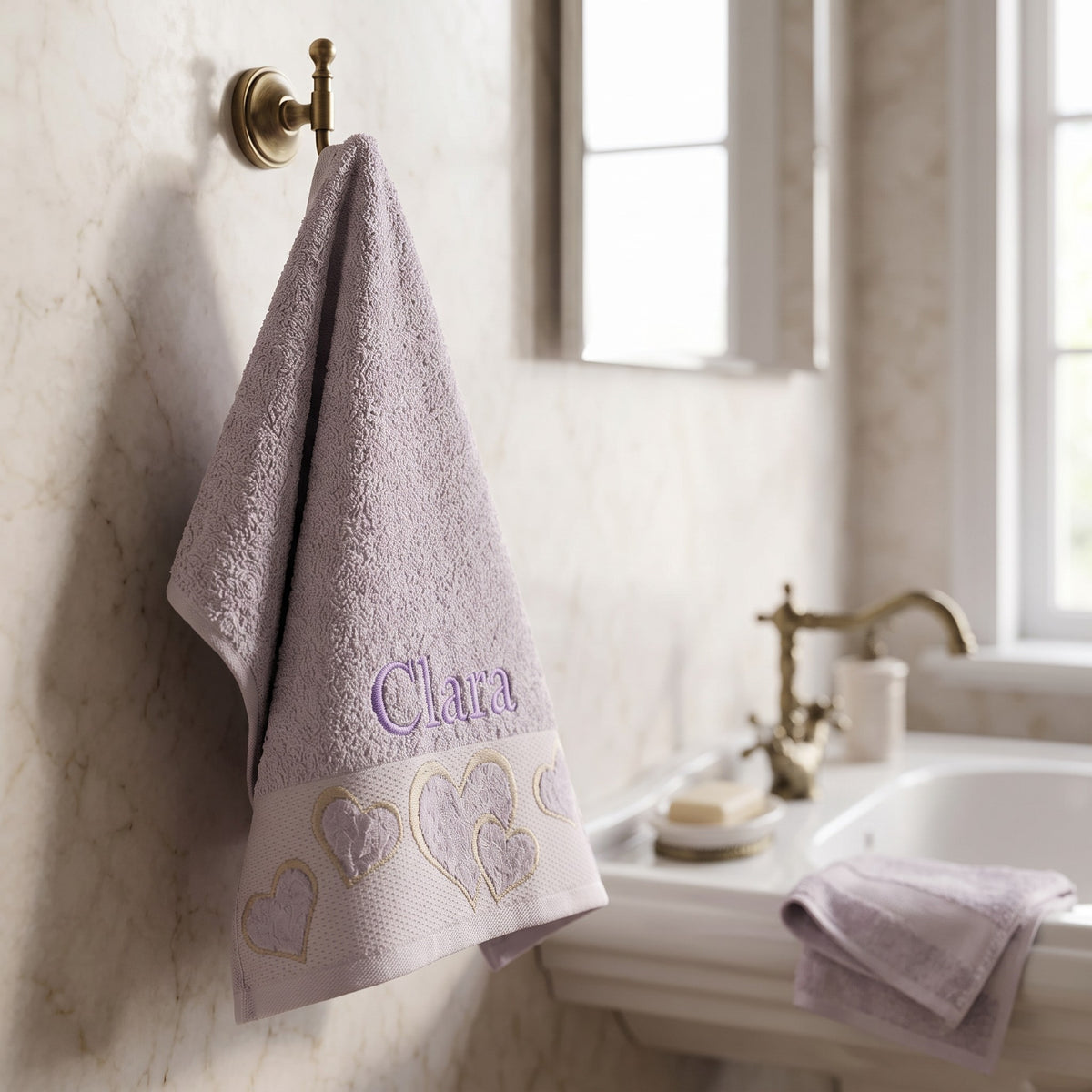 Clara personalized heart hand towel, lavender serif embroidery on mauve cotton — photo 2
