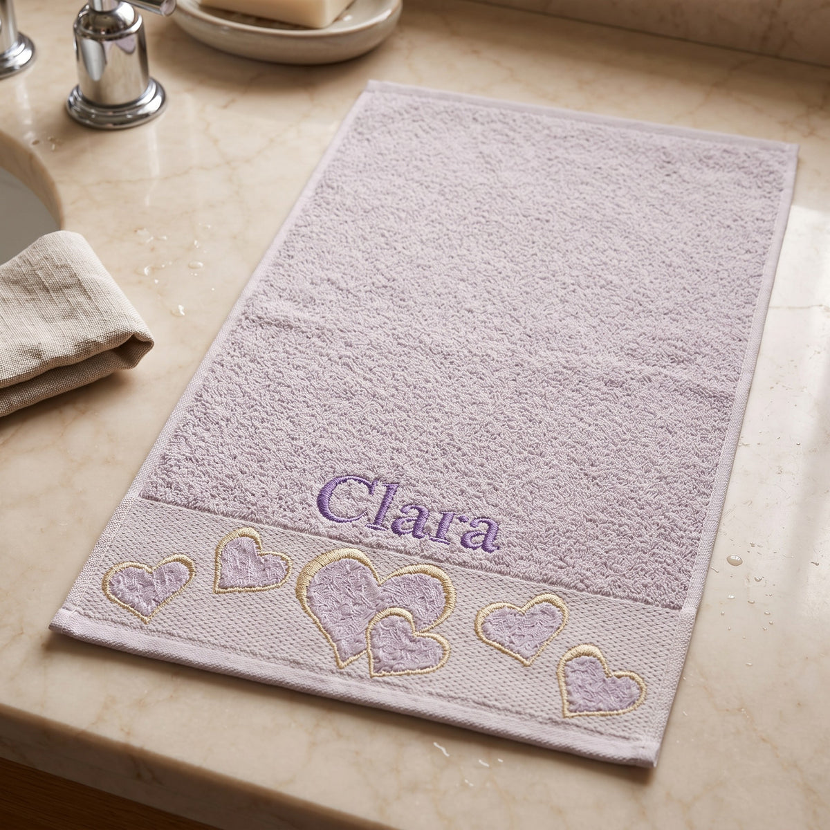 Clara personalized heart hand towel, lavender serif embroidery on mauve cotton — photo 4