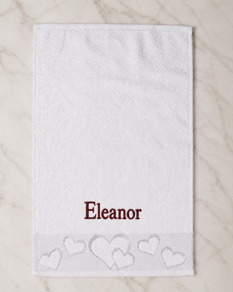 Eleanor Embroidered Heart Hand Towel | Personalized Name Towel, Burgundy Serif on White