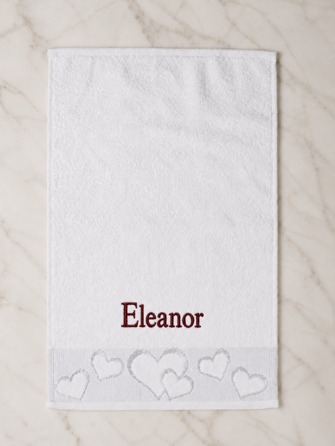 Eleanor personalized heart hand towel, burgundy serif embroidery on white cotton