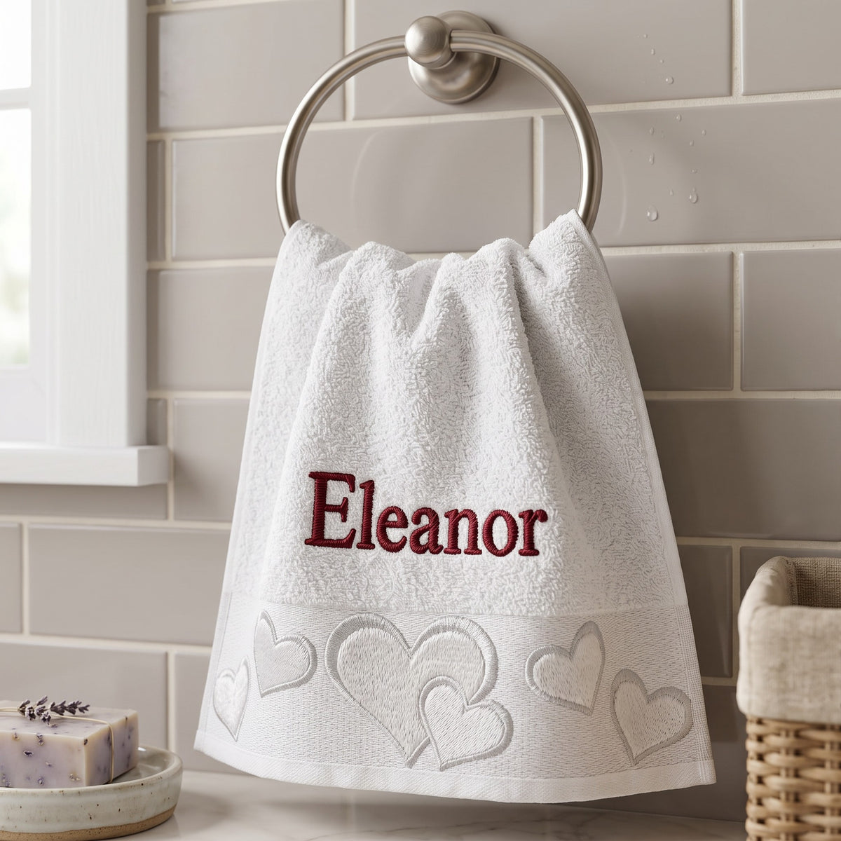 Eleanor personalized heart hand towel, burgundy serif embroidery on white cotton — photo 2