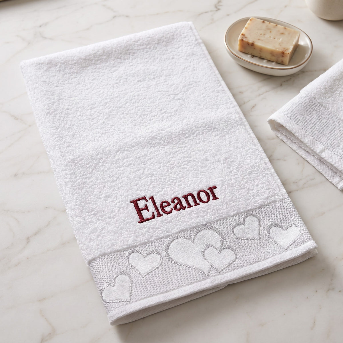 Eleanor personalized heart hand towel, burgundy serif embroidery on white cotton — photo 3