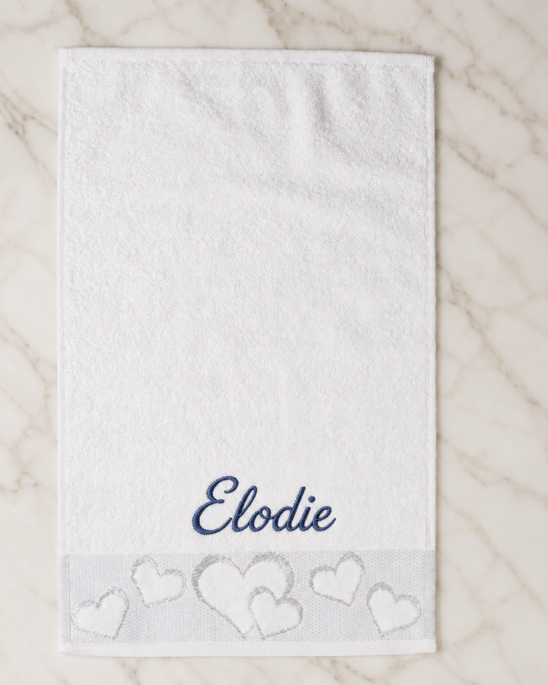 Elodie Embroidered Heart Hand Towel | Personalized Name Towel, Navy Script on White