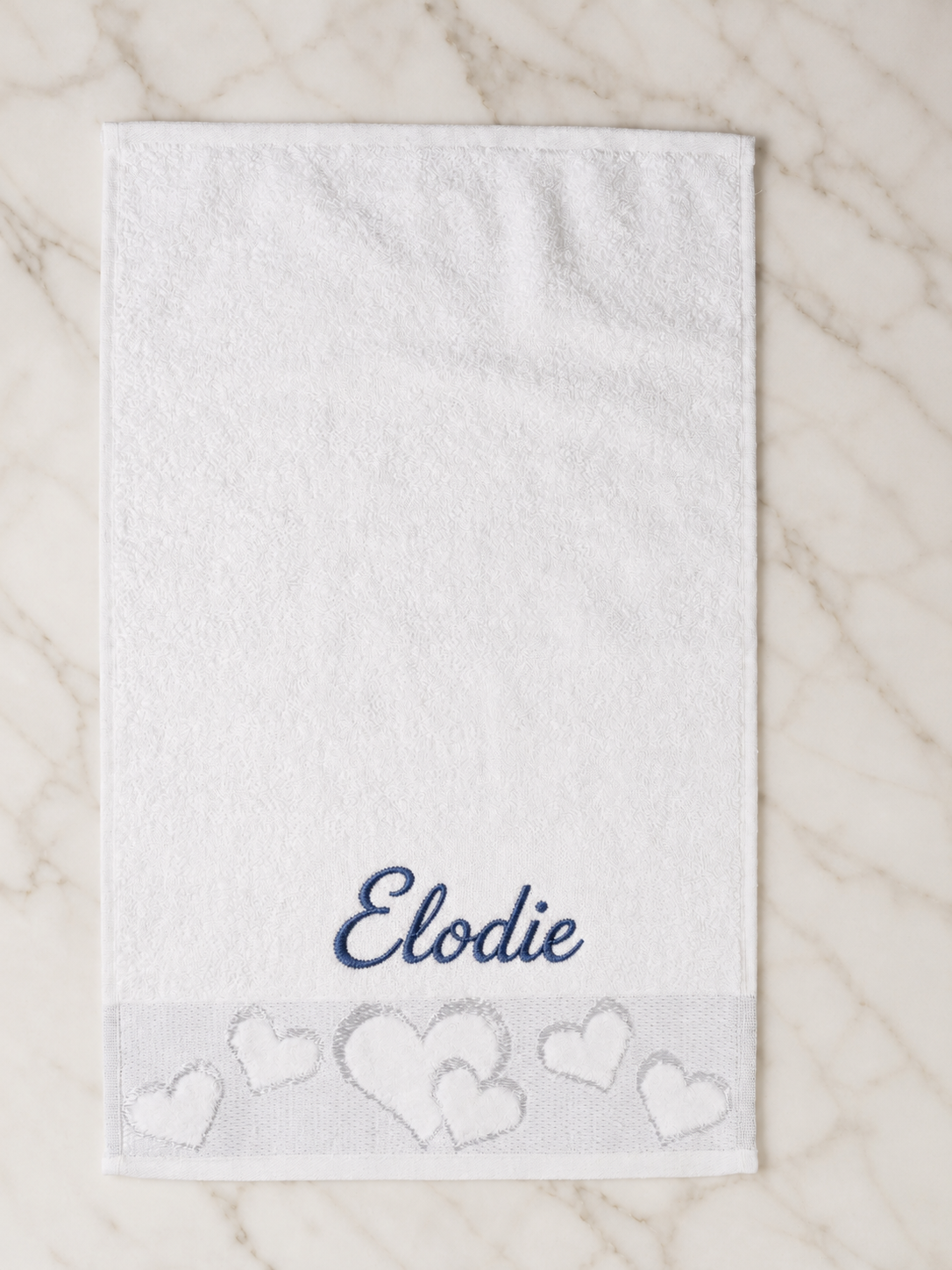 Elodie personalized heart hand towel, navy script embroidery on white cotton
