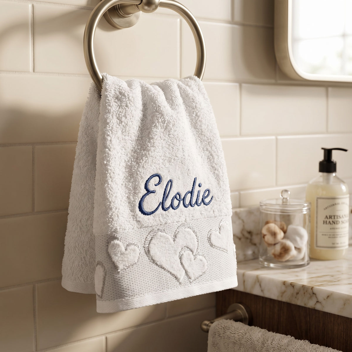 Elodie personalized heart hand towel, navy script embroidery on white cotton — photo 2