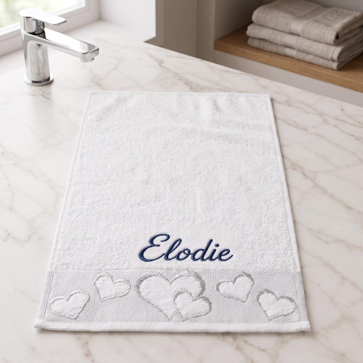 Elodie personalized heart hand towel, navy script embroidery on white cotton — photo 4