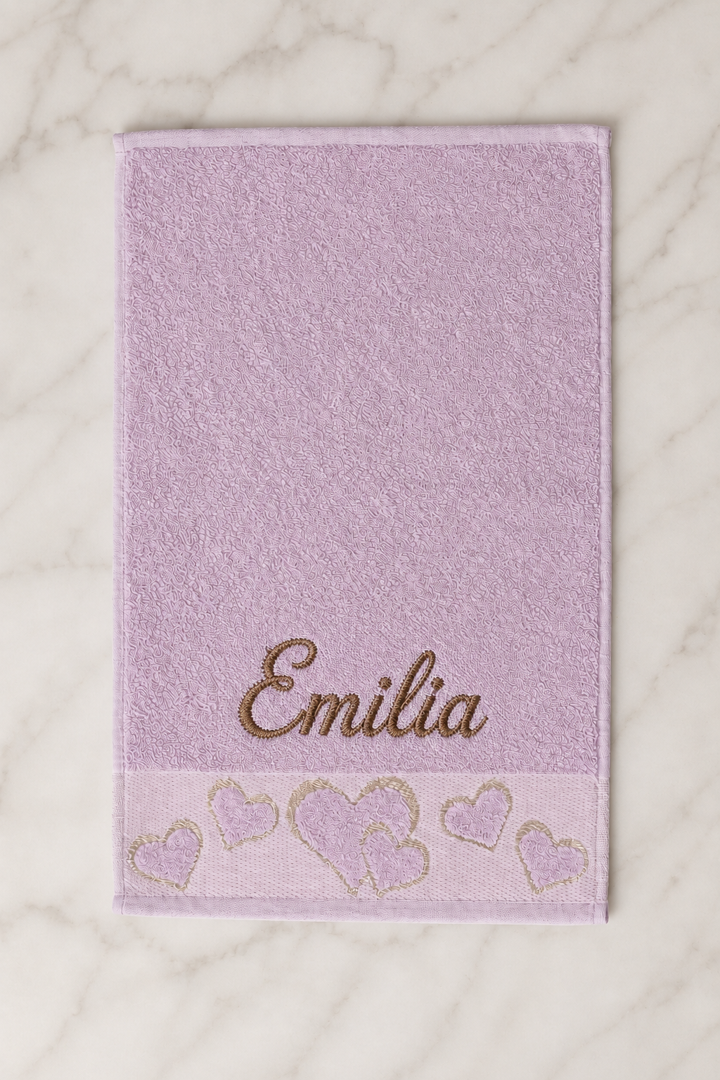 Emilia personalized heart hand towel, cocoa brown script embroidery on lilac cotton