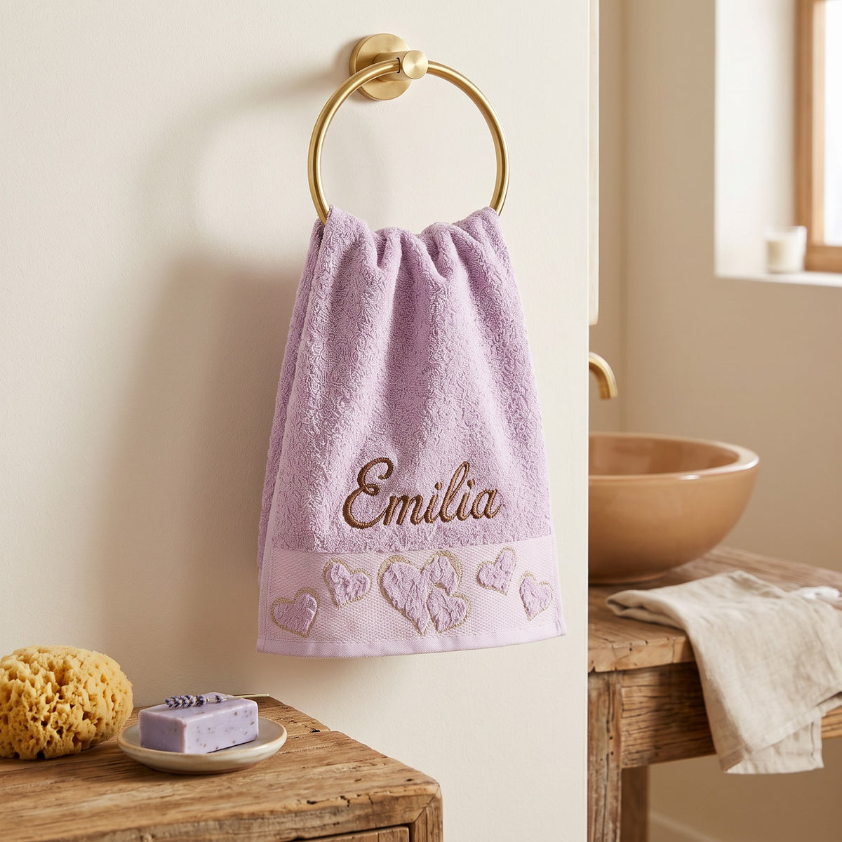 Emilia personalized heart hand towel, cocoa brown script embroidery on lilac cotton — photo 2