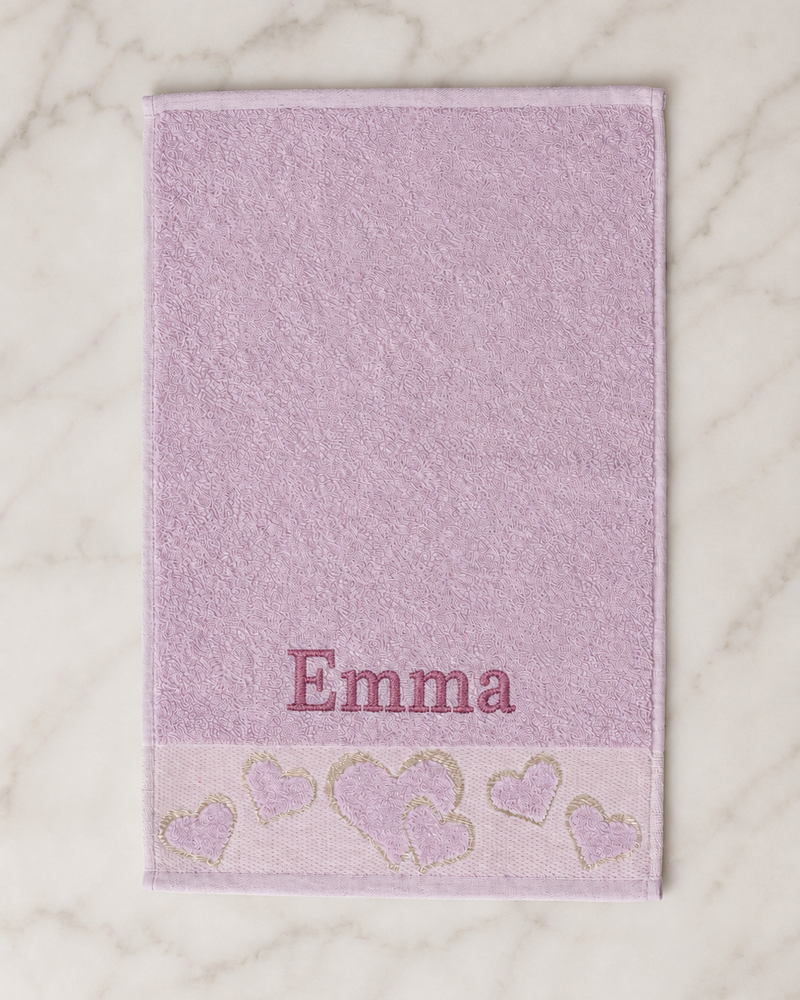 Emma Embroidered Heart Hand Towel | Personalized Name Towel, Rose pink Serif on Lilac