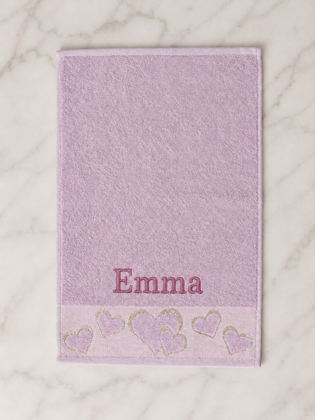 Emma personalized heart hand towel, rose pink serif embroidery on lilac cotton