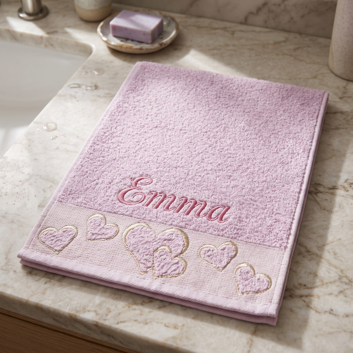Emma personalized heart hand towel, rose pink serif embroidery on lilac cotton — photo 2