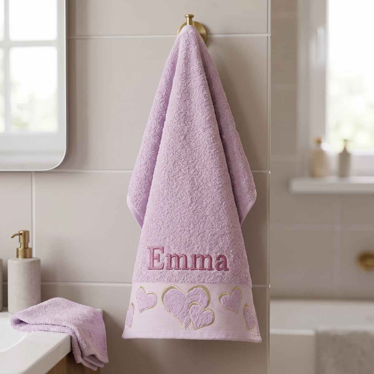 Emma personalized heart hand towel, rose pink serif embroidery on lilac cotton — photo 3