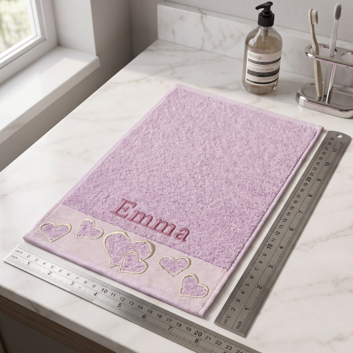 Emma personalized heart hand towel, rose pink serif embroidery on lilac cotton — photo 4