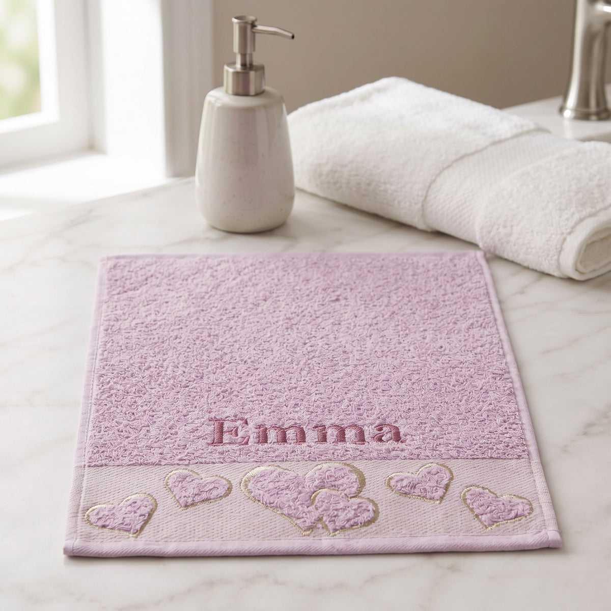 Emma personalized heart hand towel, rose pink serif embroidery on lilac cotton — photo 5