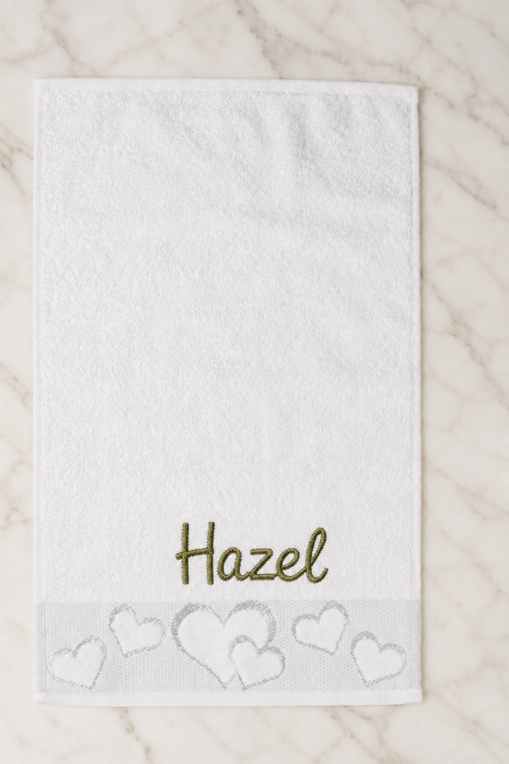 Hazel personalized heart hand towel, olive green script embroidery on white cotton