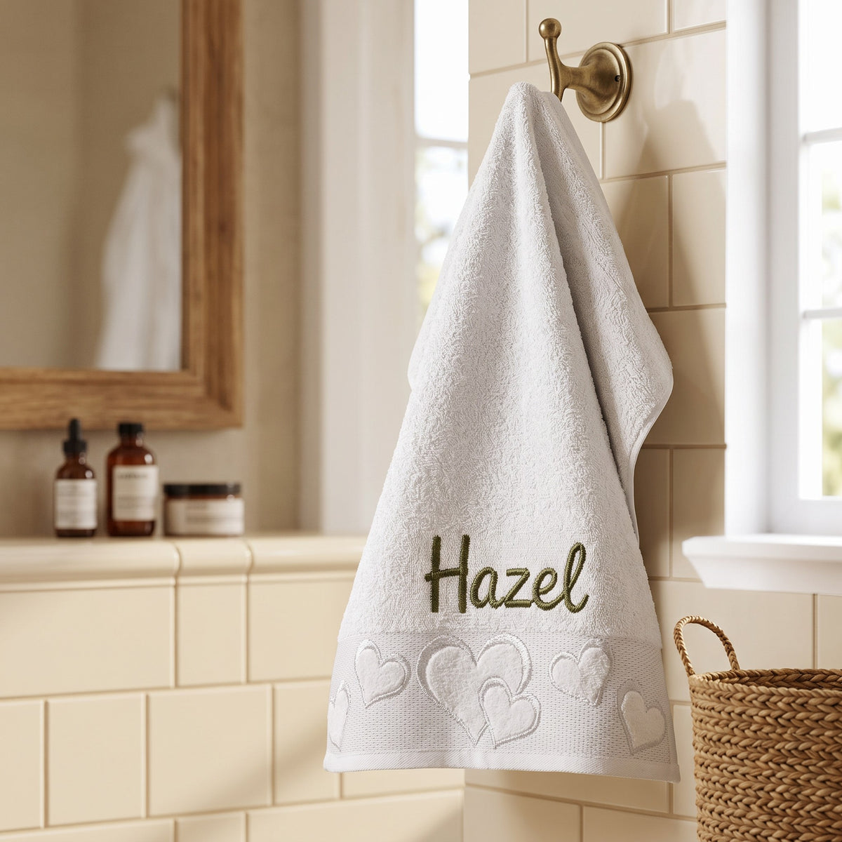 Hazel personalized heart hand towel, olive green script embroidery on white cotton — photo 2