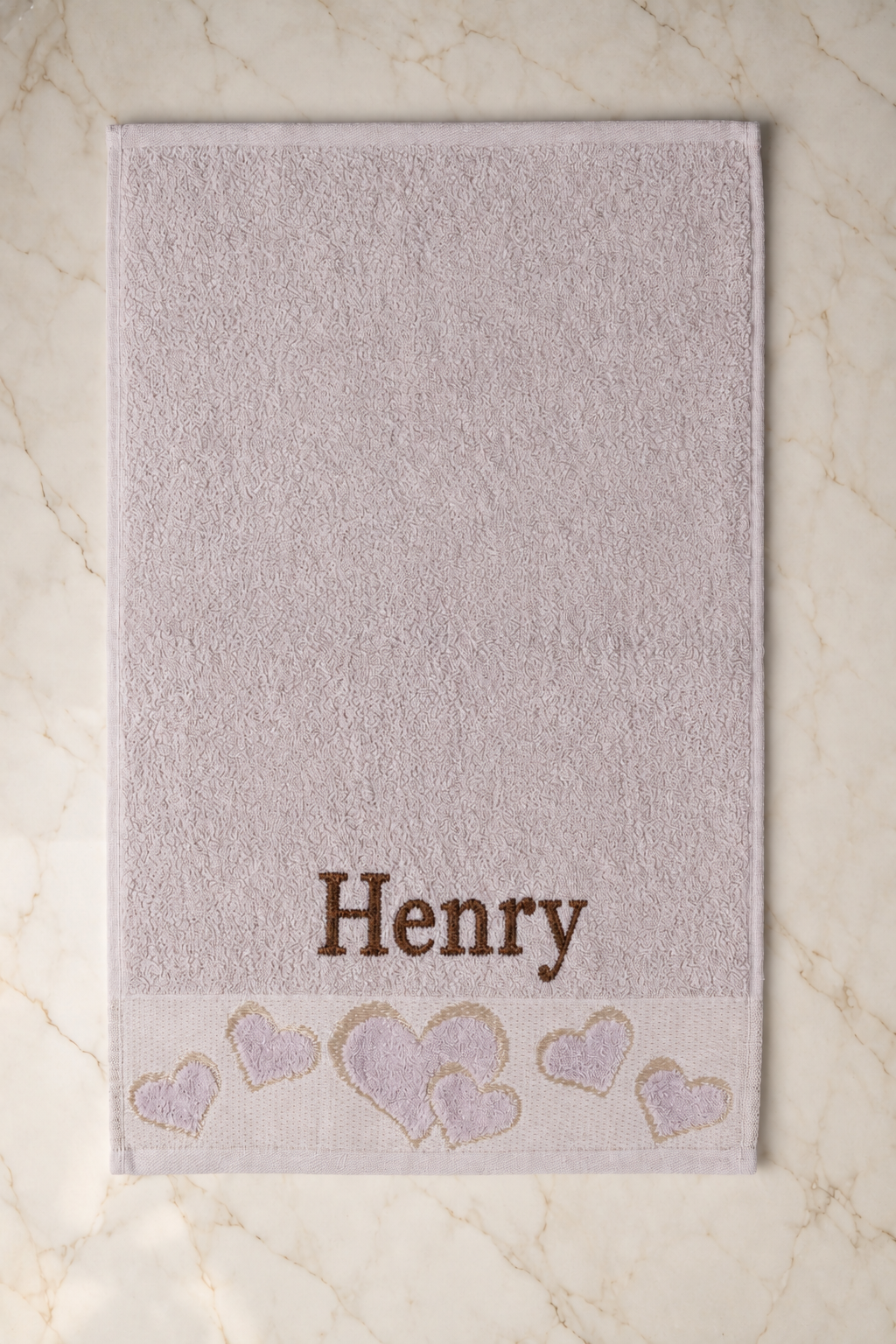 Henry personalized heart hand towel, chocolate brown serif embroidery on mauve cotton