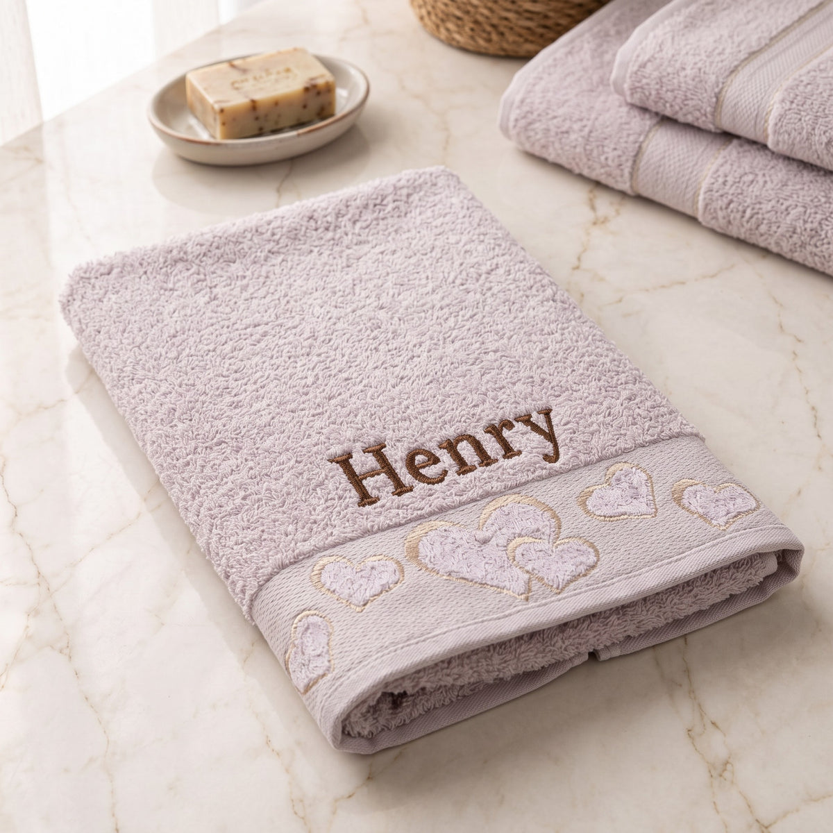 Henry personalized heart hand towel, chocolate brown serif embroidery on mauve cotton — photo 2
