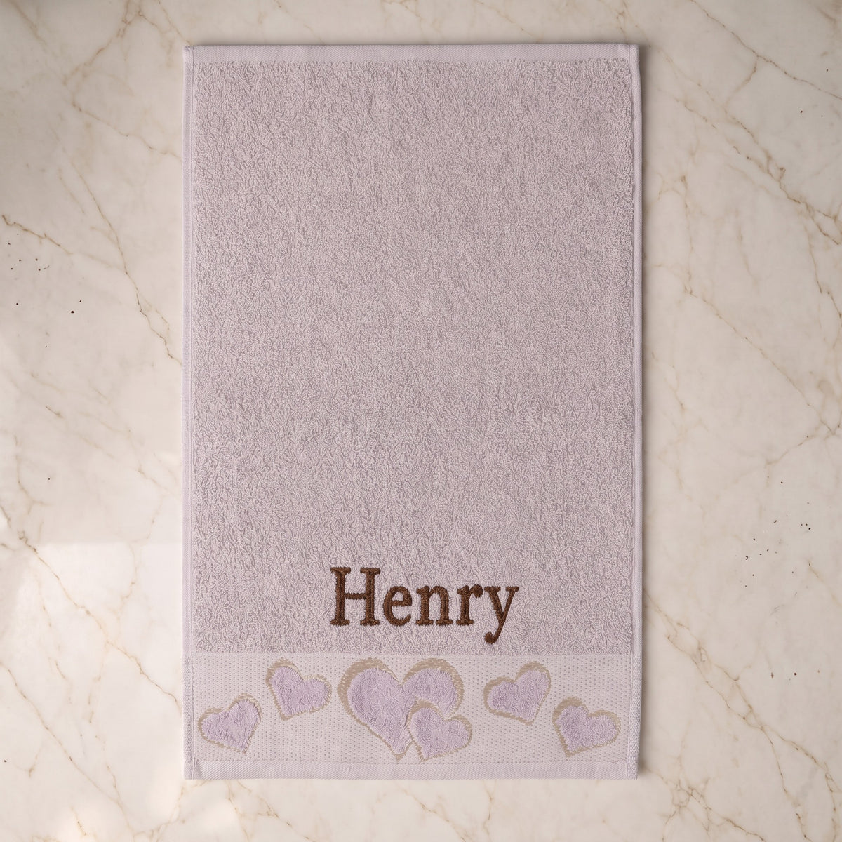 Henry personalized heart hand towel, chocolate brown serif embroidery on mauve cotton — photo 3
