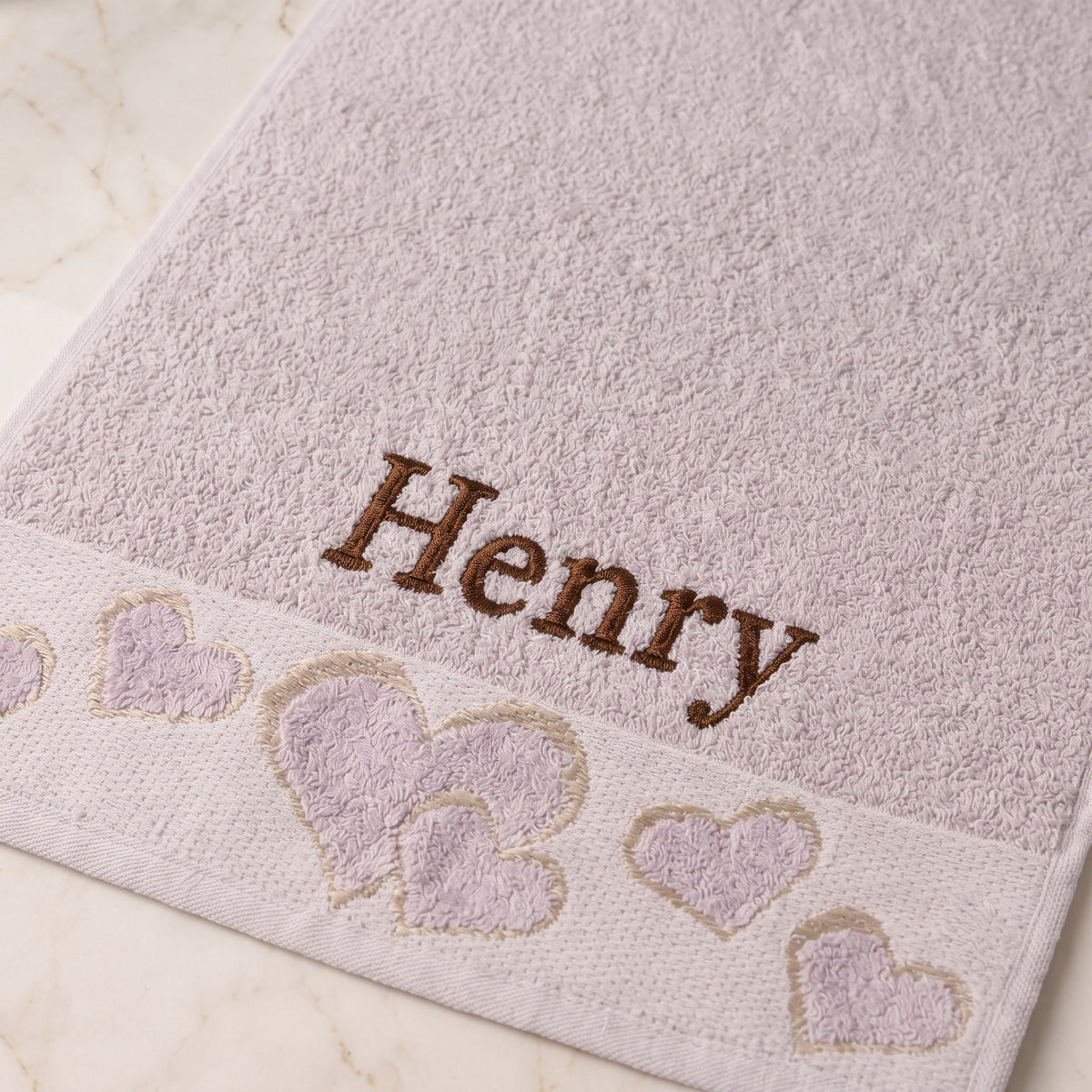 Henry personalized heart hand towel, chocolate brown serif embroidery on mauve cotton — photo 4
