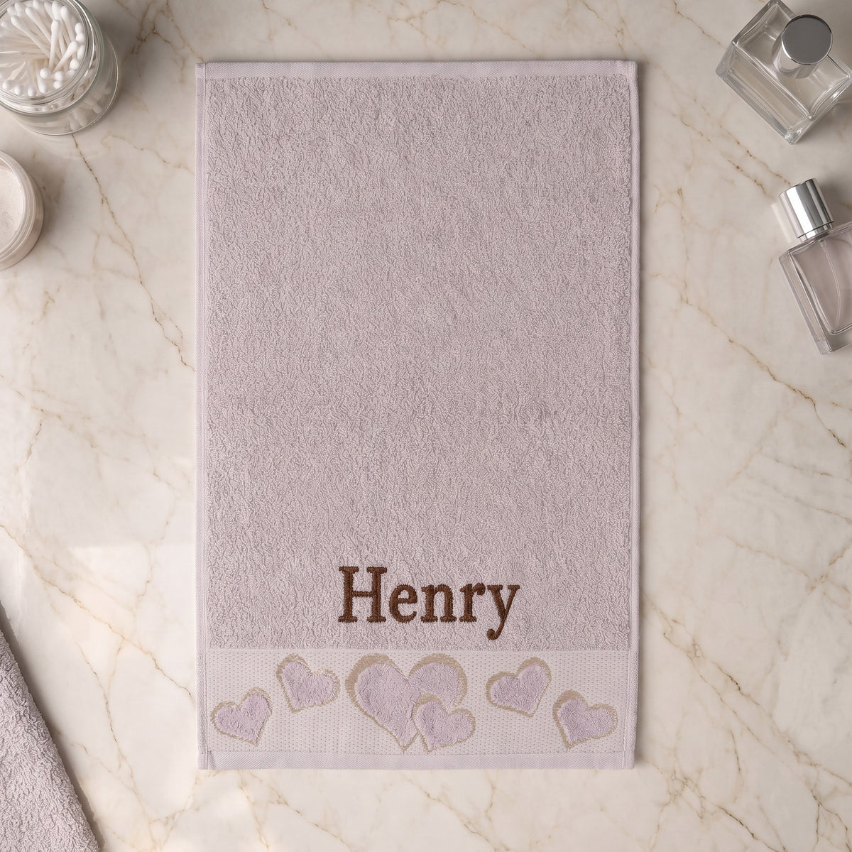 Henry personalized heart hand towel, chocolate brown serif embroidery on mauve cotton — photo 5