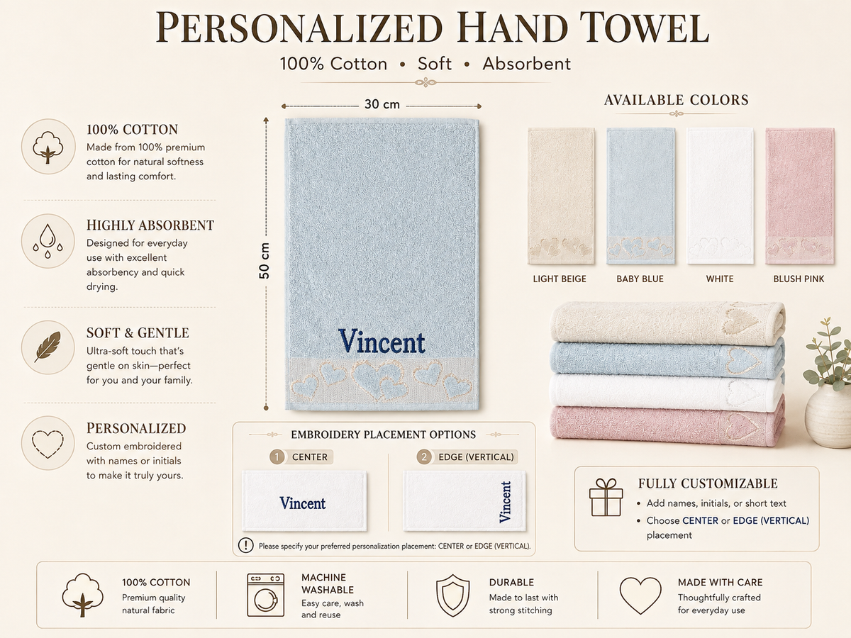 Personalized cotton hand towel with heart border, 30 x 50 cm, 100% cotton — embroidery centred or along the edge, colours and care