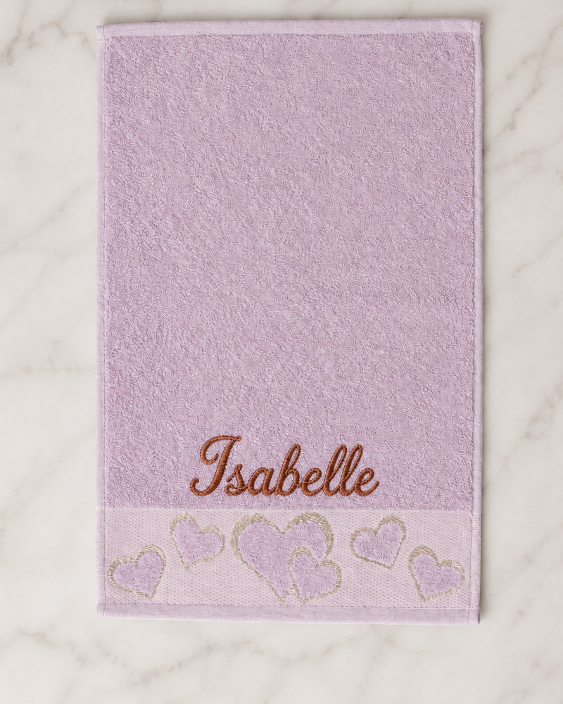 Isabelle Embroidered Heart Hand Towel | Personalized Name Towel, Terracotta Script on Lilac