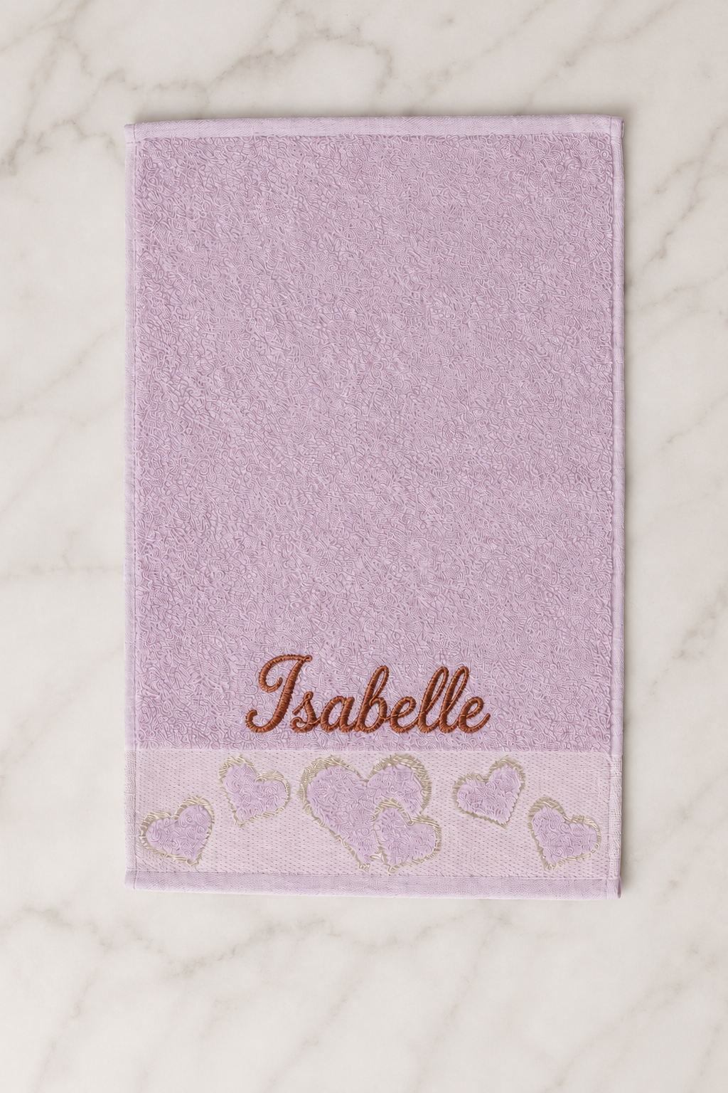 Isabelle personalized heart hand towel, terracotta script embroidery on lilac cotton