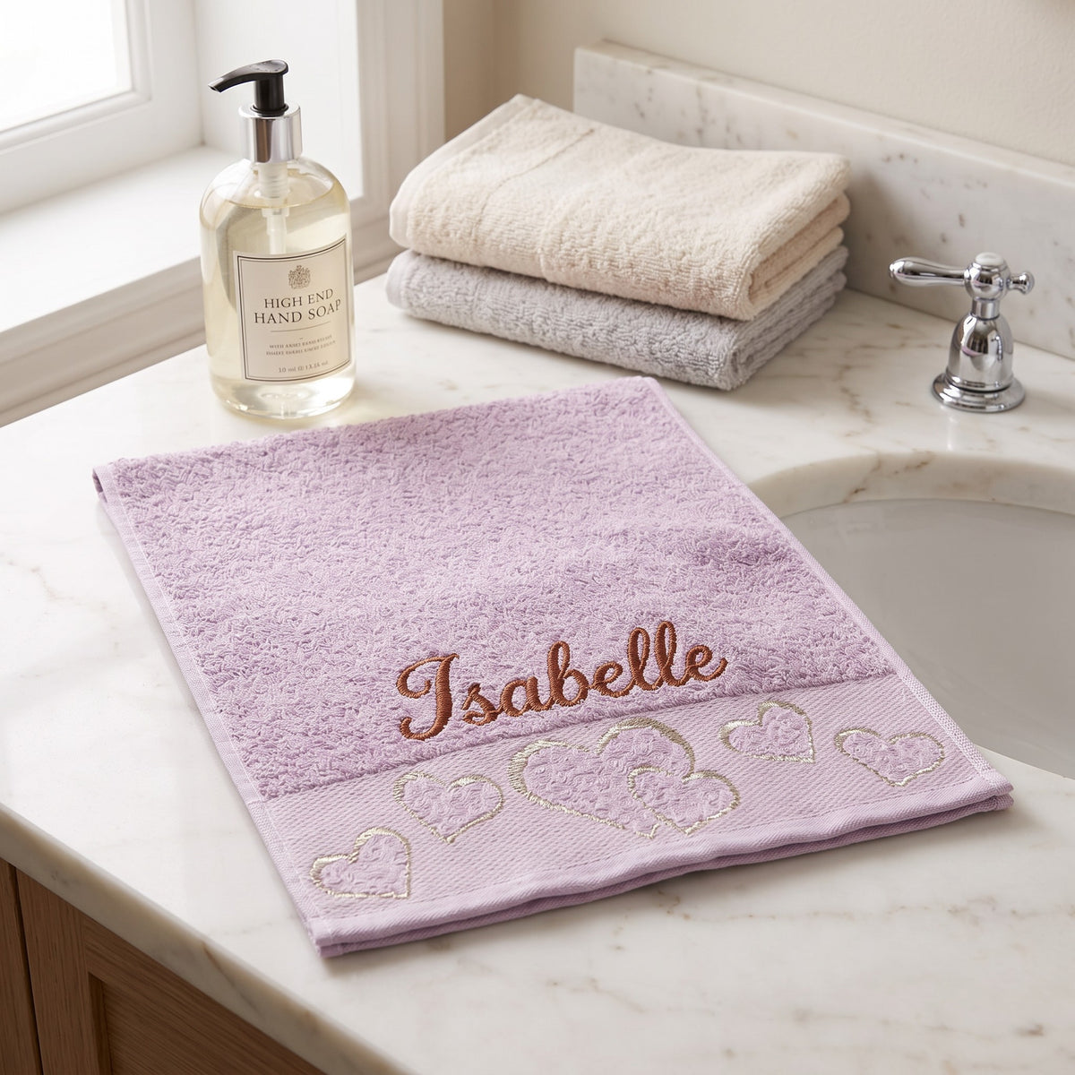 Isabelle personalized heart hand towel, terracotta script embroidery on lilac cotton — photo 2