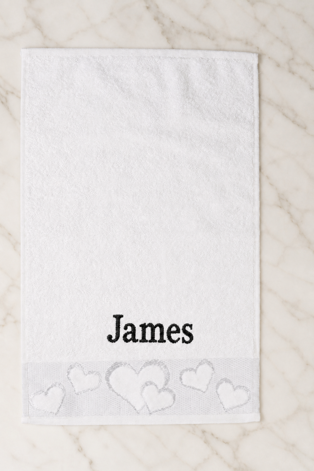 James personalized heart hand towel, black serif embroidery on white cotton