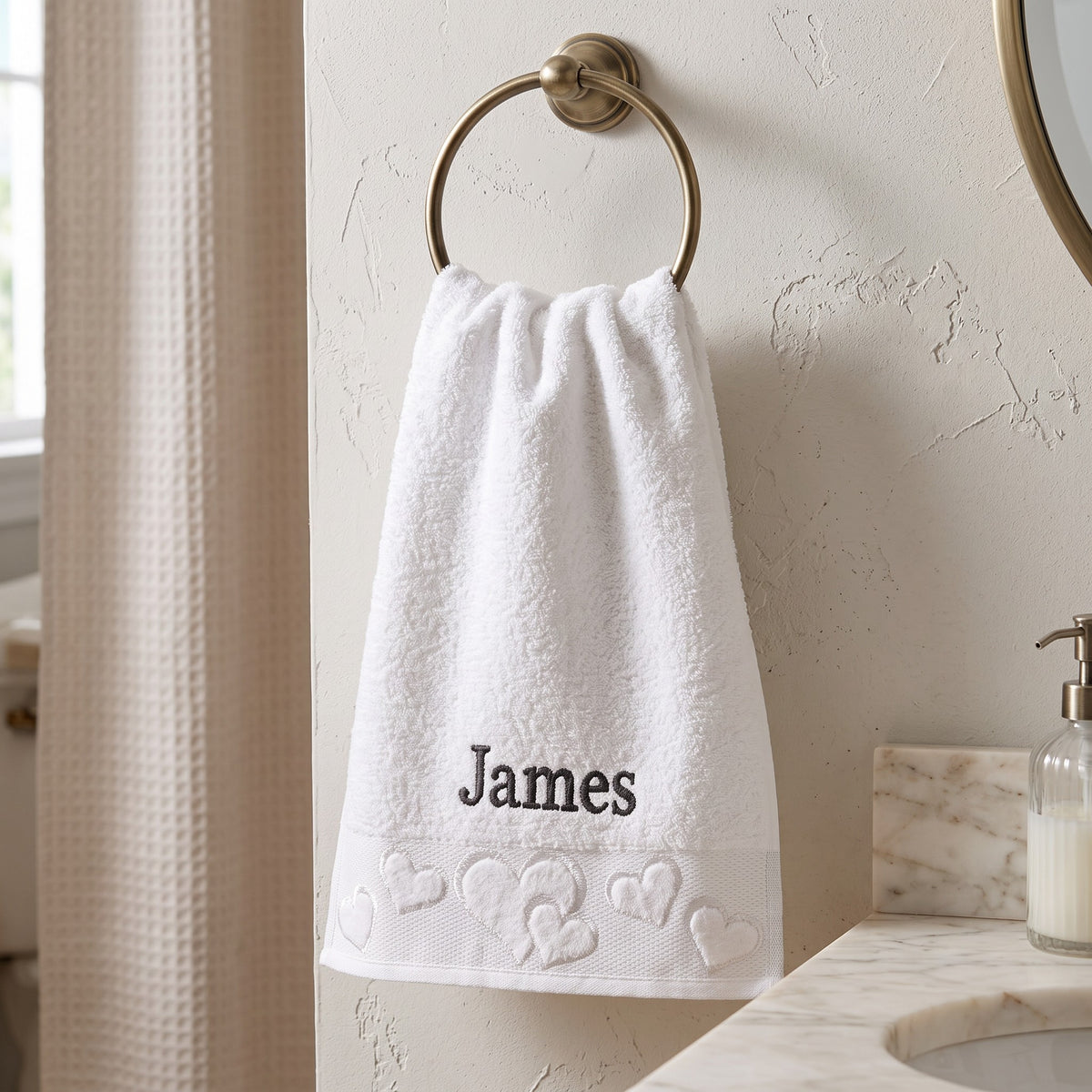 James personalized heart hand towel, black serif embroidery on white cotton — photo 2