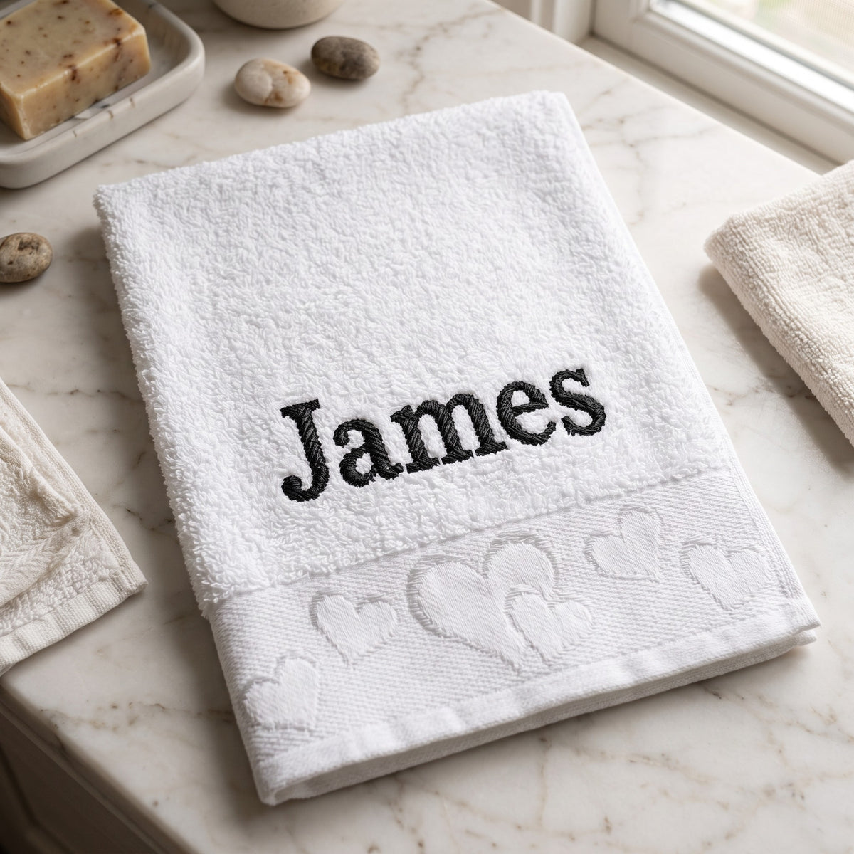 James personalized heart hand towel, black serif embroidery on white cotton — photo 4