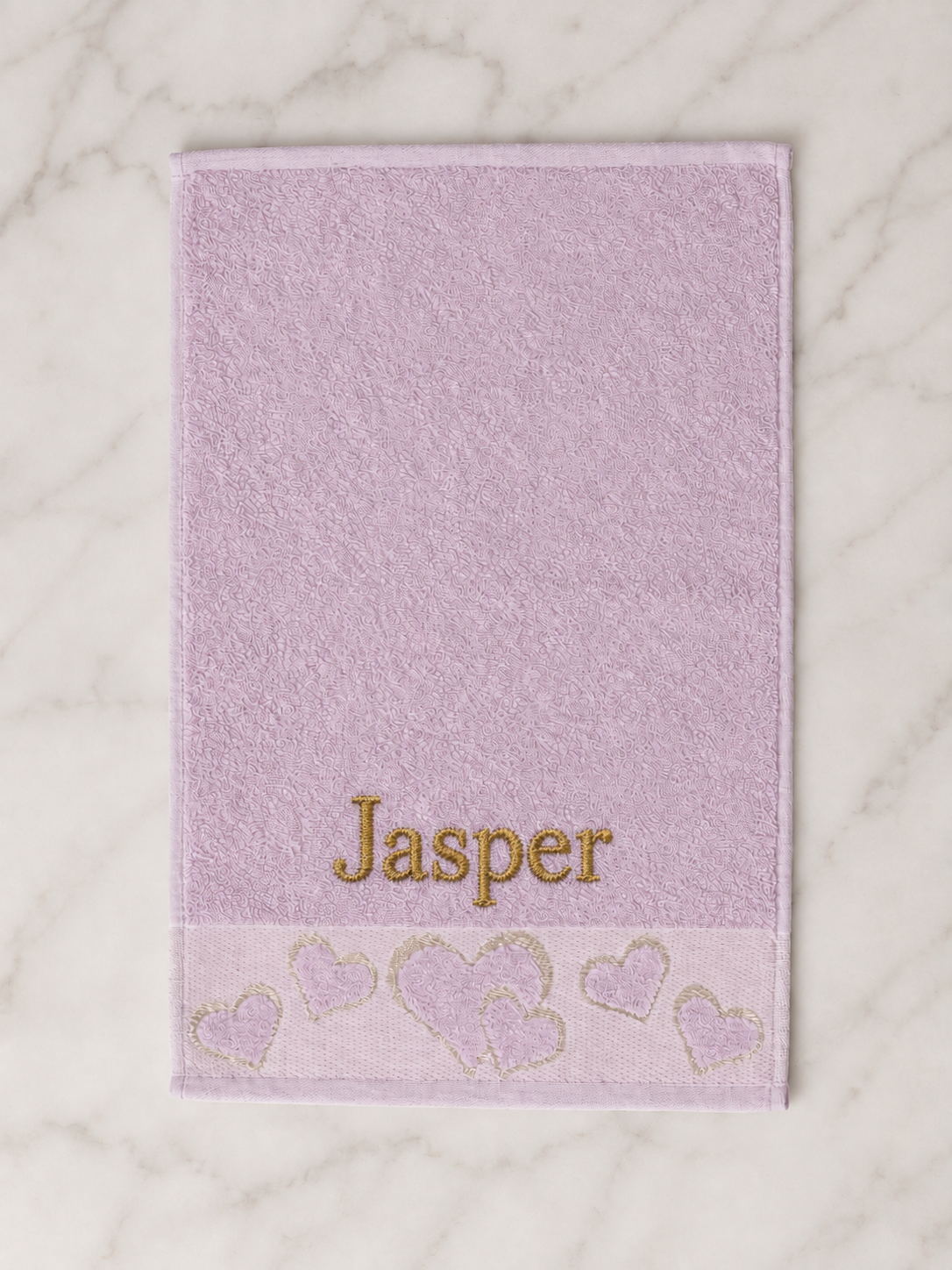 Jasper personalized heart hand towel, gold serif embroidery on lilac cotton