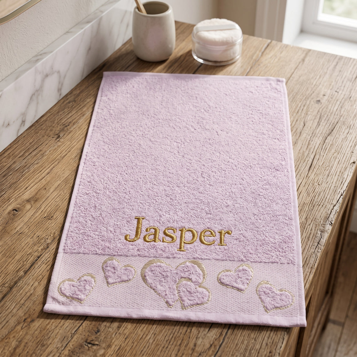 Jasper personalized heart hand towel, gold serif embroidery on lilac cotton — photo 2
