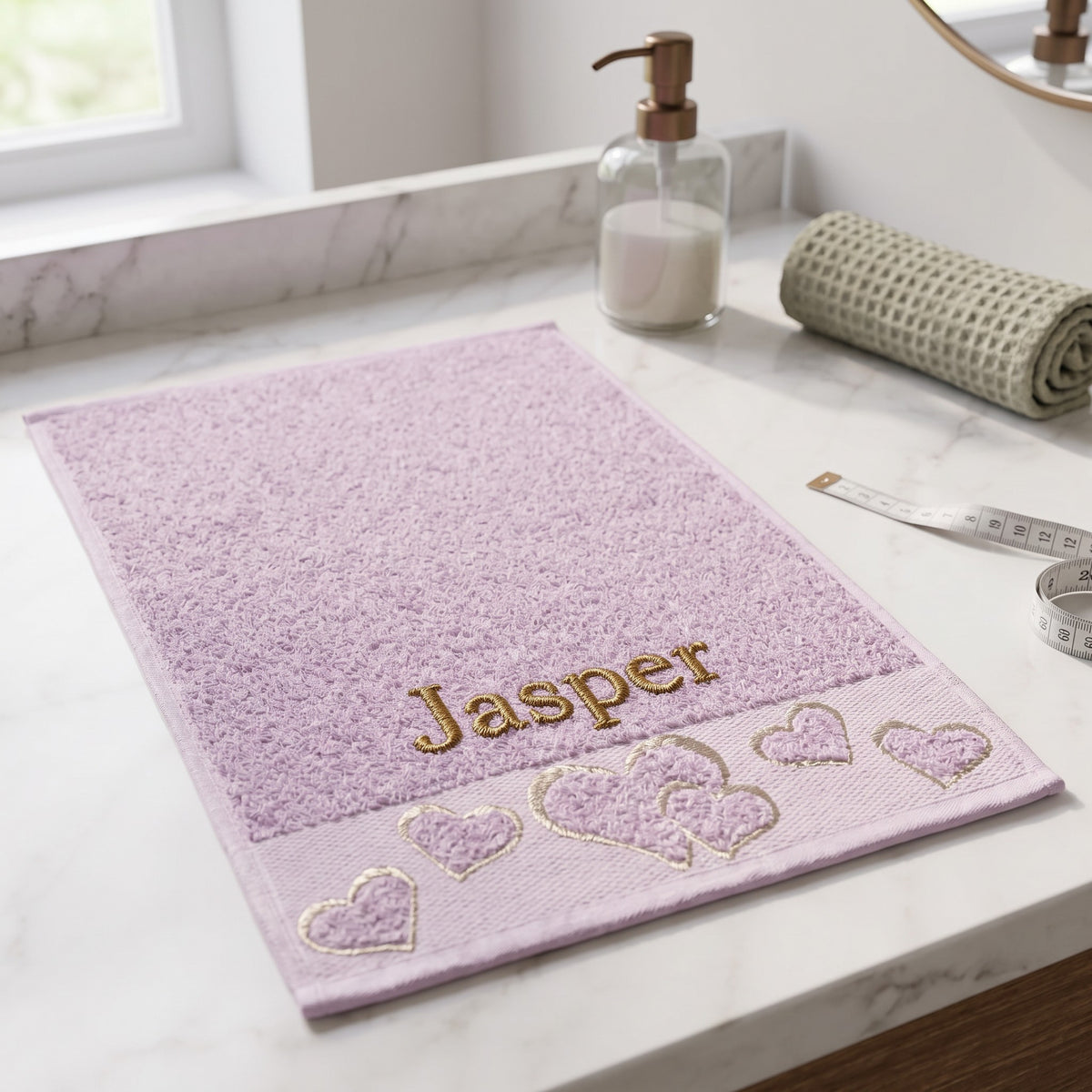 Jasper personalized heart hand towel, gold serif embroidery on lilac cotton — photo 4