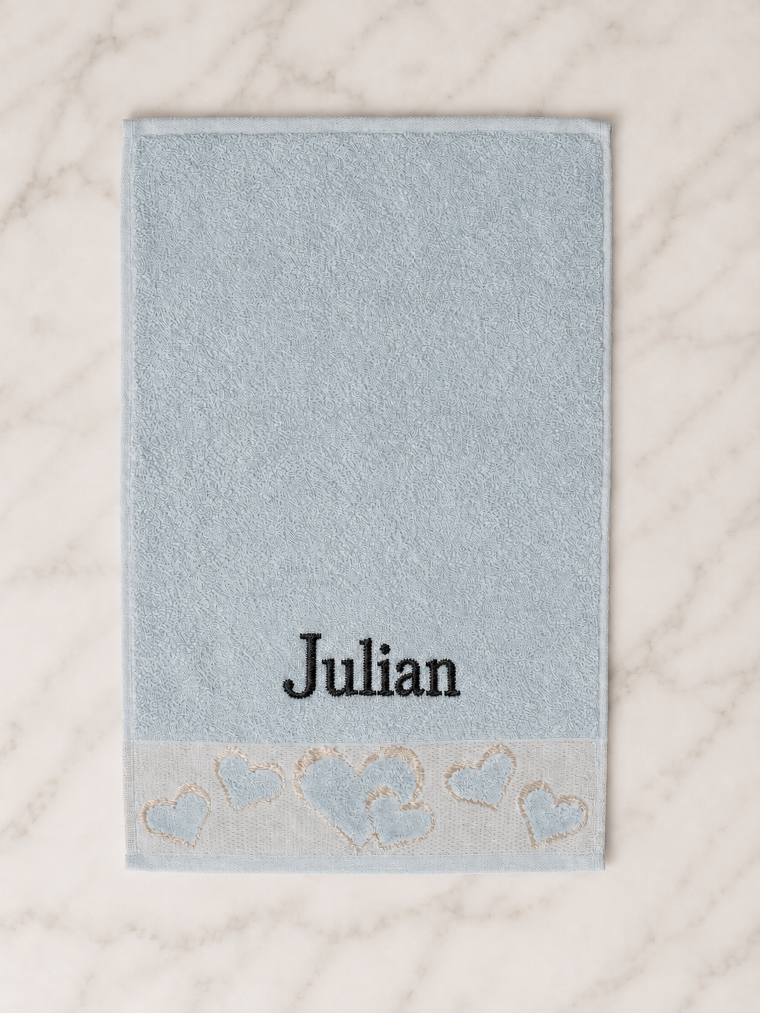 Julian personalized heart hand towel, black serif embroidery on baby blue cotton