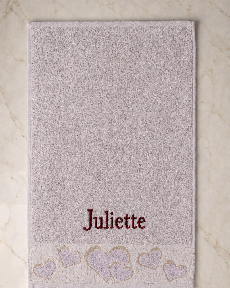 Juliette Embroidered Heart Hand Towel | Personalized Name Towel, Burgundy Serif on Mauve