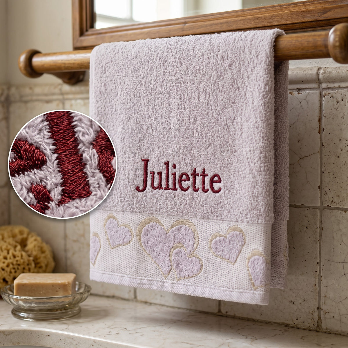 Juliette personalized heart hand towel, burgundy serif embroidery on mauve cotton — photo 2