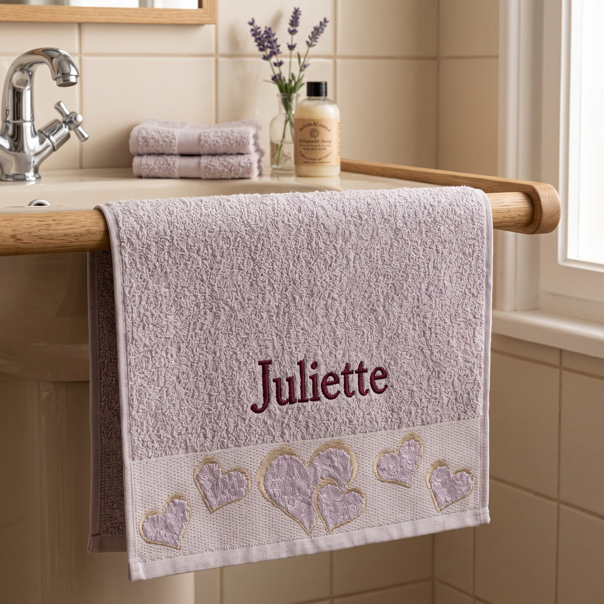 Juliette personalized heart hand towel, burgundy serif embroidery on mauve cotton — photo 3