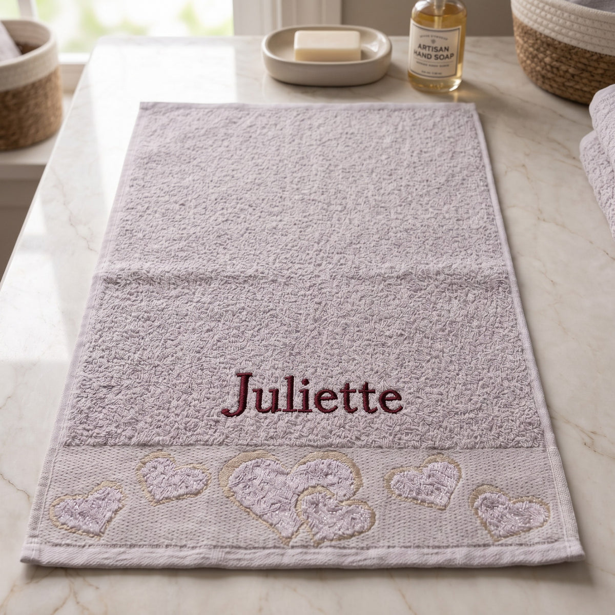 Juliette personalized heart hand towel, burgundy serif embroidery on mauve cotton — photo 4