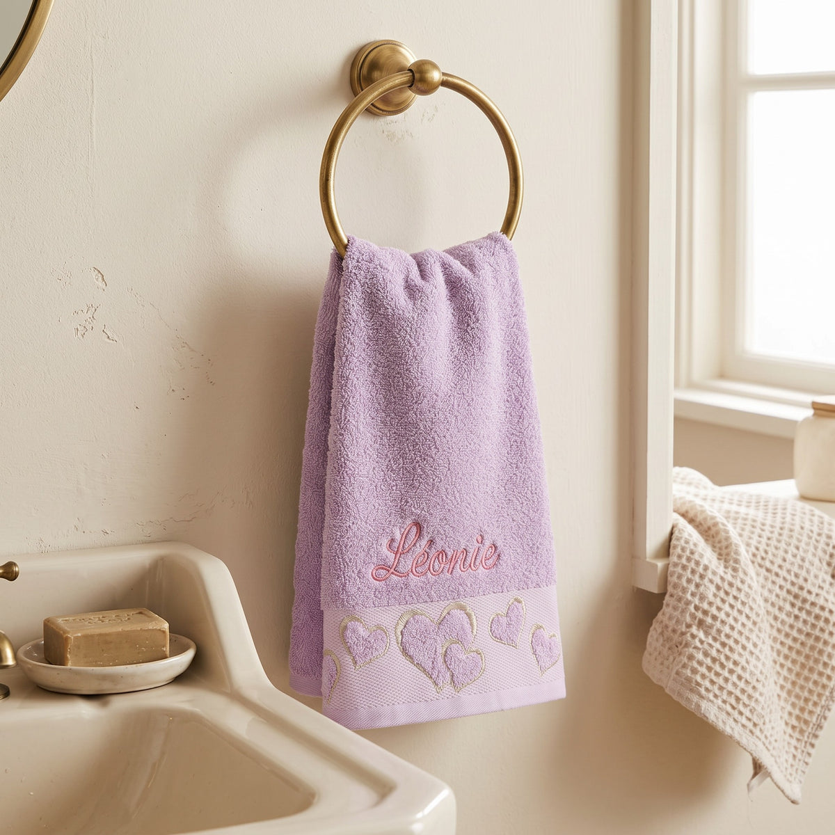 Léonie personalized heart hand towel, rose pink script embroidery on lilac cotton — photo 2