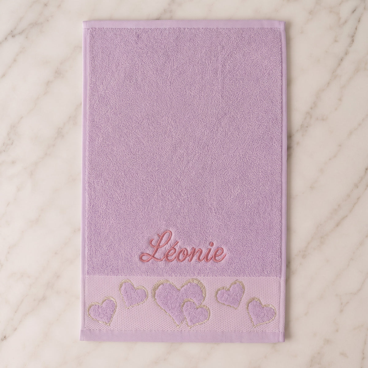 Léonie personalized heart hand towel, rose pink script embroidery on lilac cotton — photo 3