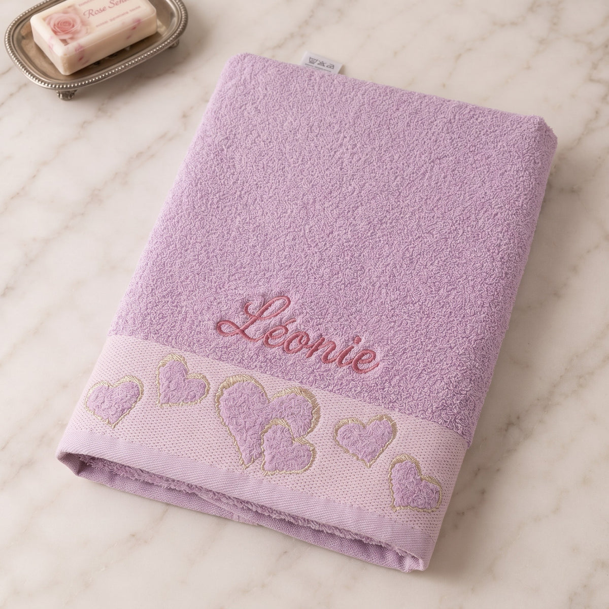 Léonie personalized heart hand towel, rose pink script embroidery on lilac cotton — photo 4