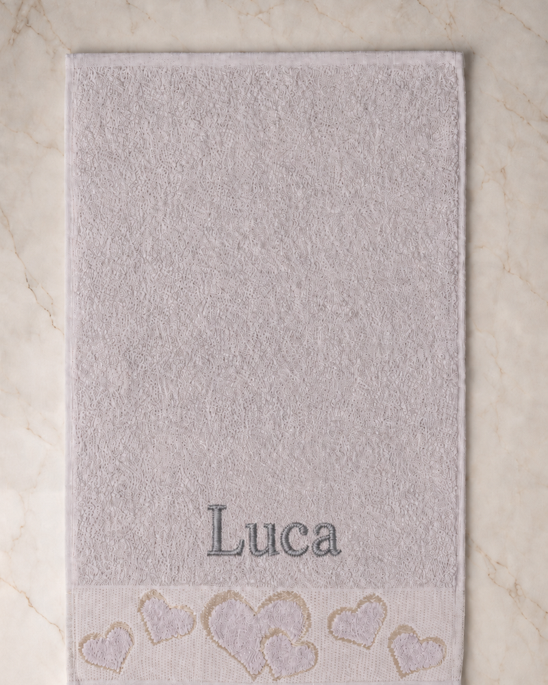 Luca Embroidered Heart Hand Towel | Personalized Name Towel, Charcoal grey Serif on Mauve