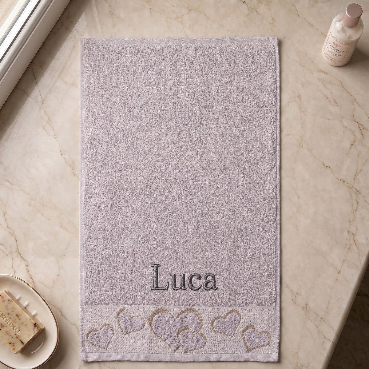 Luca personalized heart hand towel, charcoal grey serif embroidery on mauve cotton — photo 2