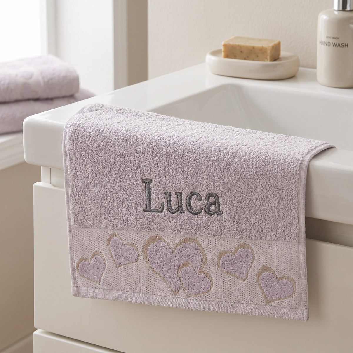 Luca personalized heart hand towel, charcoal grey serif embroidery on mauve cotton — photo 3