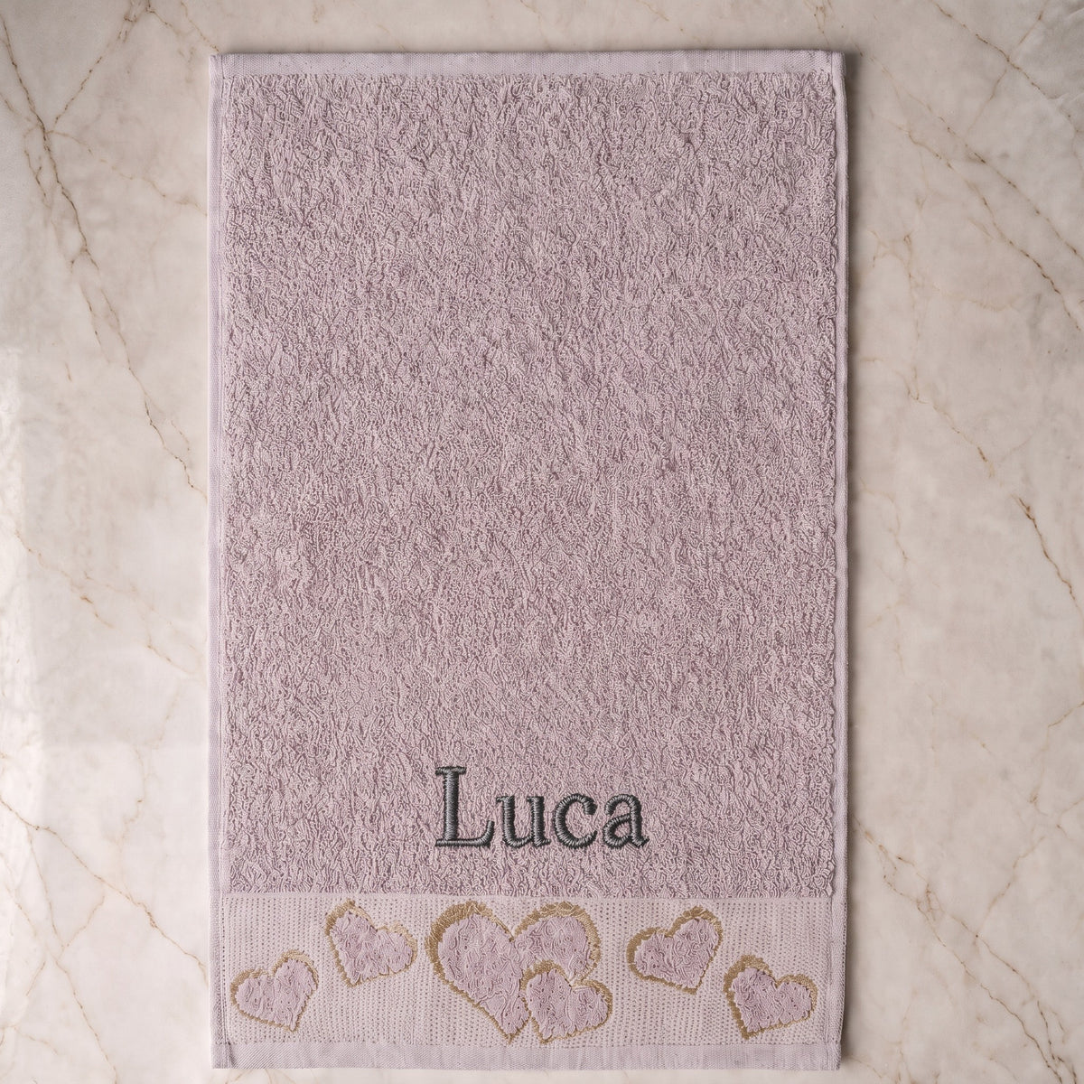 Luca personalized heart hand towel, charcoal grey serif embroidery on mauve cotton — photo 5