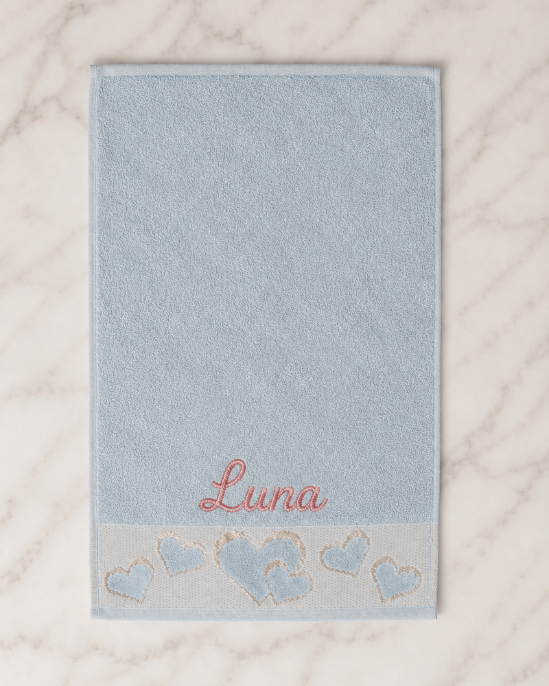 Luna Embroidered Heart Hand Towel | Personalized Name Towel, Coral pink Script on Baby Blue